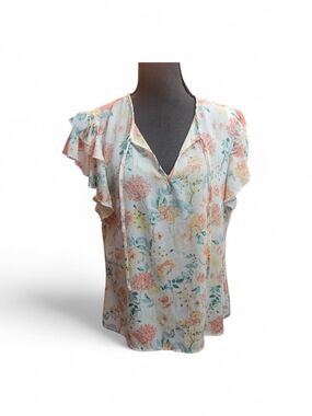 80 Park Pastel Floral V-Neck Ruffle Sleeve Blouse Size XL